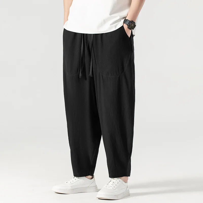 Linen Pants Men Baggy Pants Plus Size 13XL 15XL Summer Ankle-length Pants Male Solid Color Bottom Big Size 14XL