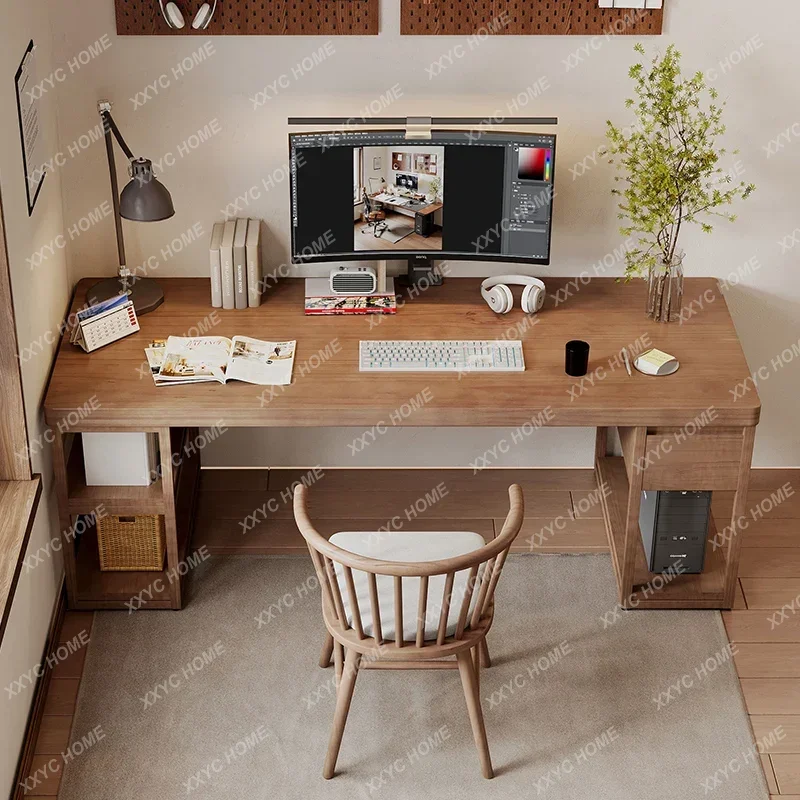 Y Simple solid wood computer table, layer rack combination household bedroom, double desk with drawer workbench