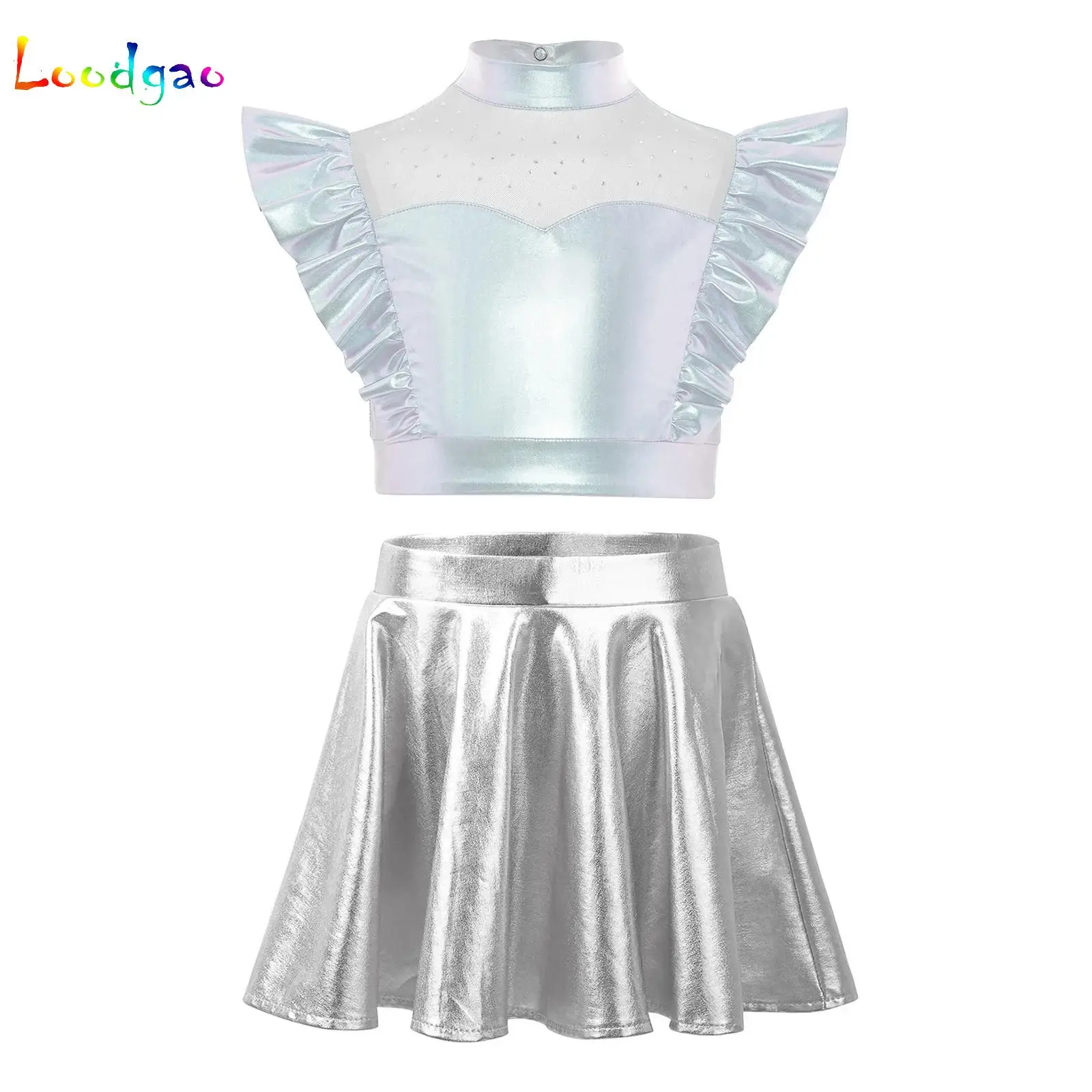 

Kid Girl Hip Hop Jazz Outfits Set Sleeveless Metallic Disco Crop Top with Mini Skirt Basketball Cheerleading Performance Costume