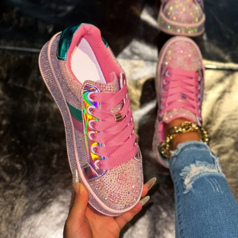 Zapatillas de deporte para mujer 2025, nuevos zapatos de diseñador con plataforma de lujo brillantes para mujer, zapatillas deportivas informales de moda con diamantes de imitación para mujer