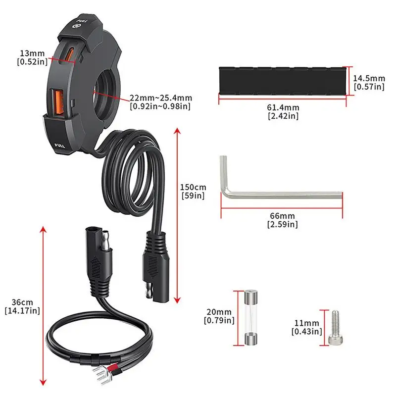 Carregador do telefone móvel do guiador da motocicleta, Carregamento rápido USB montado, Base de carregamento TYPE-C impermeável, Interface SAE