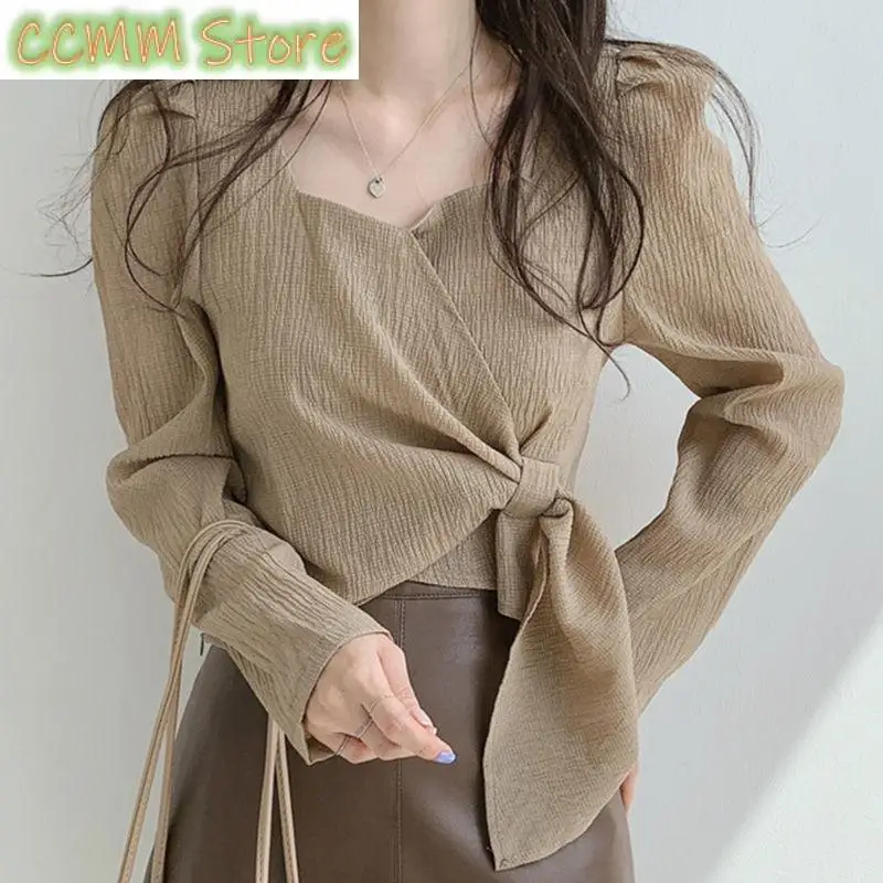 

Fashion Square Collar Solid Color Bandage Tee Shirt Autumn New Chic Tops Long Sleeve Loose Office Lady Woman Tshirts