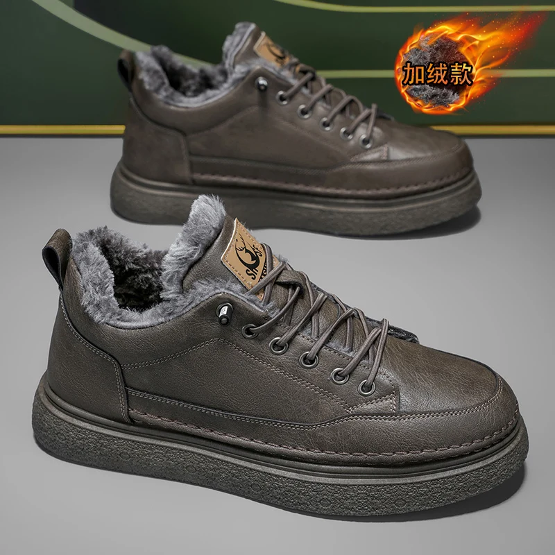 Men Winter Fleece Lined Casual Shoes Thick Warm Plush Inner Suede Leather Upper Non-slip Thick Sole Lace Fashion Daily Walking