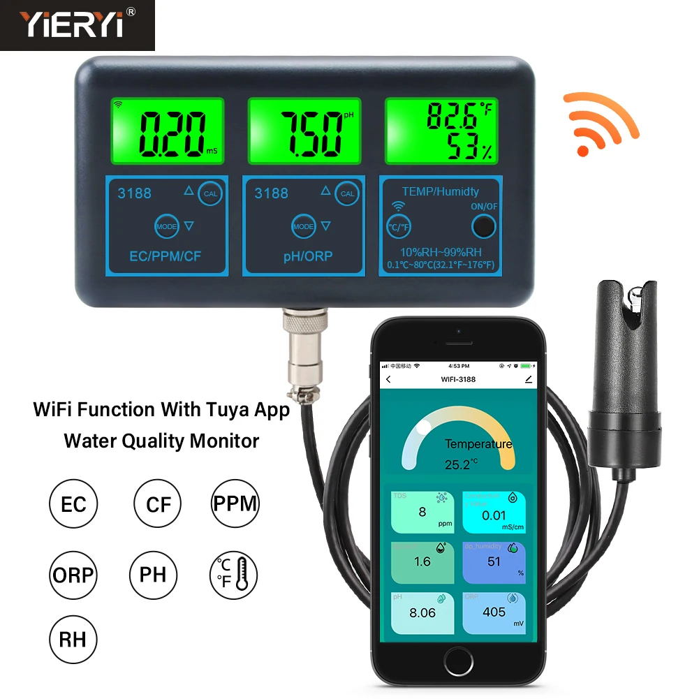 

Tuya Smart Online WiFi PH meter 7 in 1 Temp TDS CF RH EC ORP Digital Water Quality Tester for Aquarium Hydroponics Pool