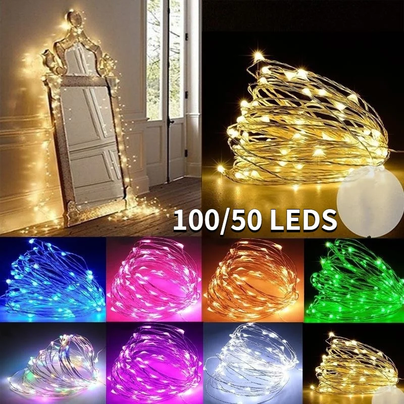 1m/2m/3m/10m LED Outdoor Light String Fairy Garland Battery Power Copper Wire Lights For Christmas Festoon Party Wedding