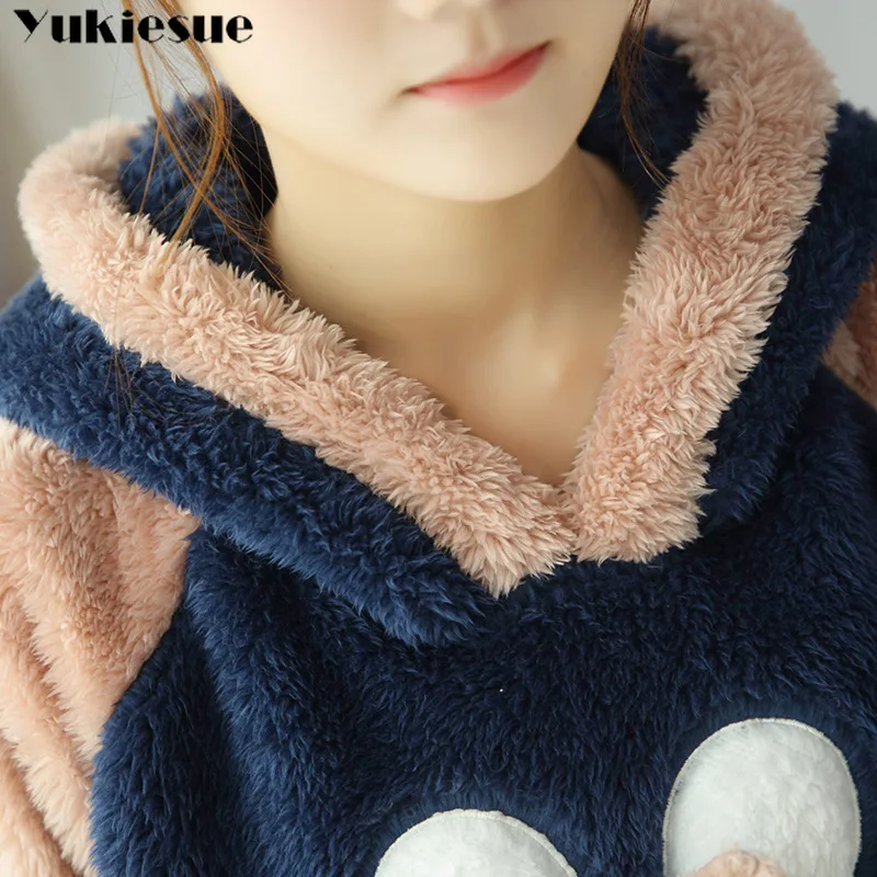 2022 New Autumn Winter Women Flannel Pajamas Set Bear Hooded Pajamas Sleepwear Coral Fleece Thickened Warm Pyjamas Home Clothing