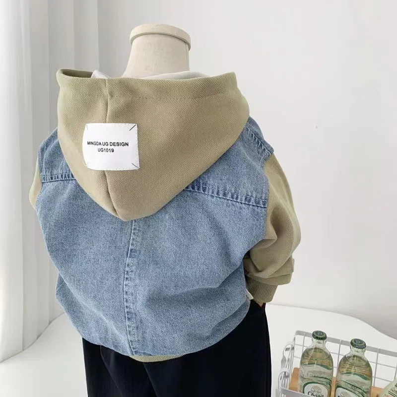 Chaqueta vaquera con capucha para niño y niña, abrigo informal de retales a la moda, versión coreana, primavera y otoño, novedad