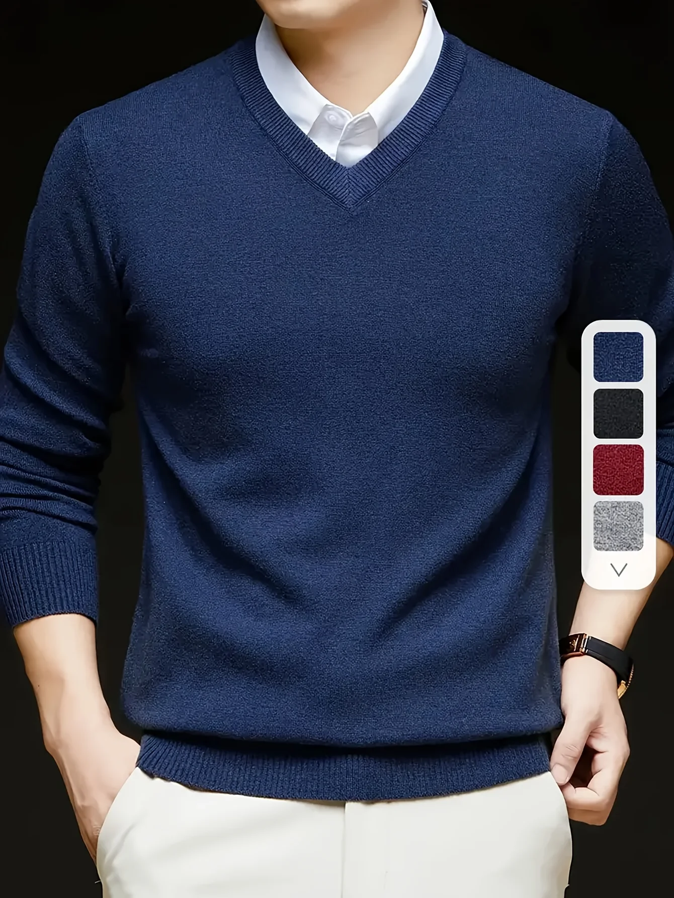 

VLAEA Men's Autumn Winter Casual Lounge Shirt - Breathable Anti-wrinkle V-neck Long Sleeve Solid Color Knitted Pullover