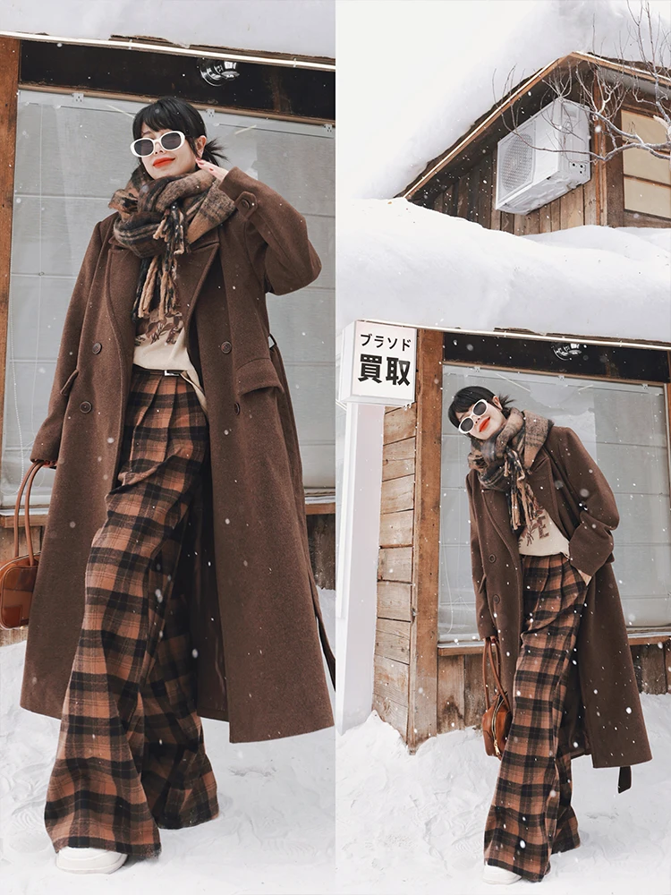 TIYIHAILEY Winter Women Outerwear Loose Coats Long Mid-Calf Wool Jacket Warm Trench Thick Turn Down Collar Brown Double Breasted