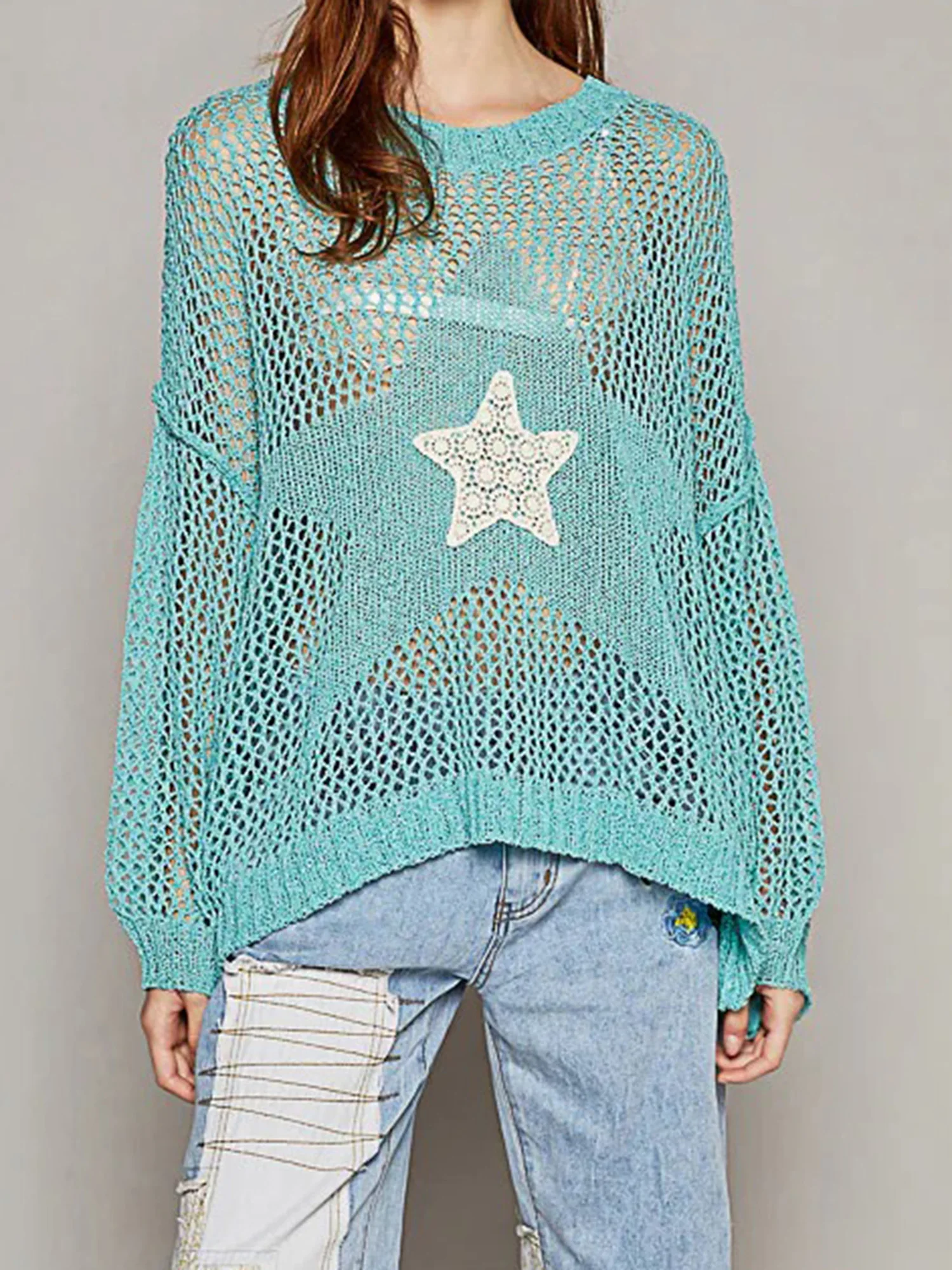 

Women s Lightweight Knit Sweater with Hollow Out Design and Star Embroidery Detail Perfect for Spring and Summer