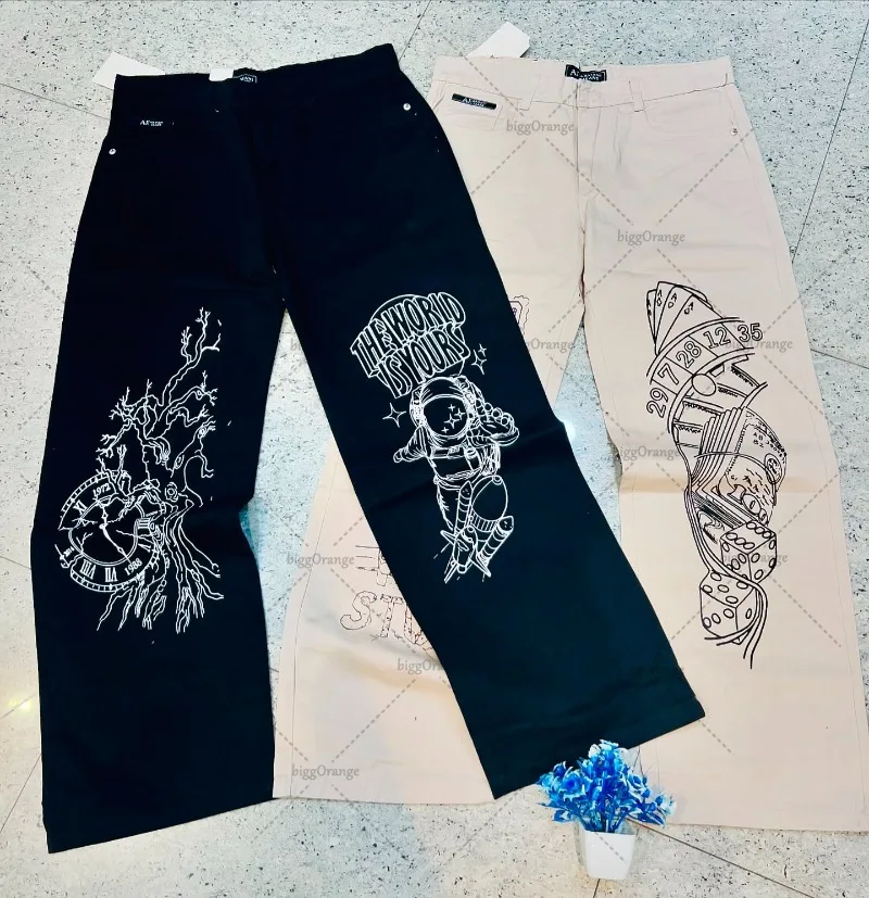

2025 Personalized Pattern Fashionable Versatile Straight Jeans Men Harajuku Y2K Casual Loose Wide-leg Pants Floor-Mopping Pants