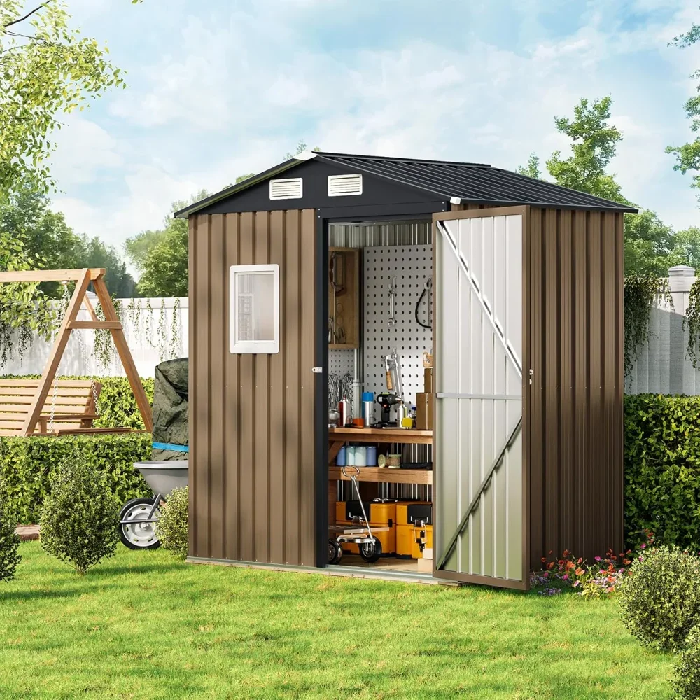

6X4FT Outdoor Steel Storage Shed with Lockable Doors, One Window,Ideal for Garden, Backyard, Patio Storage,Brown