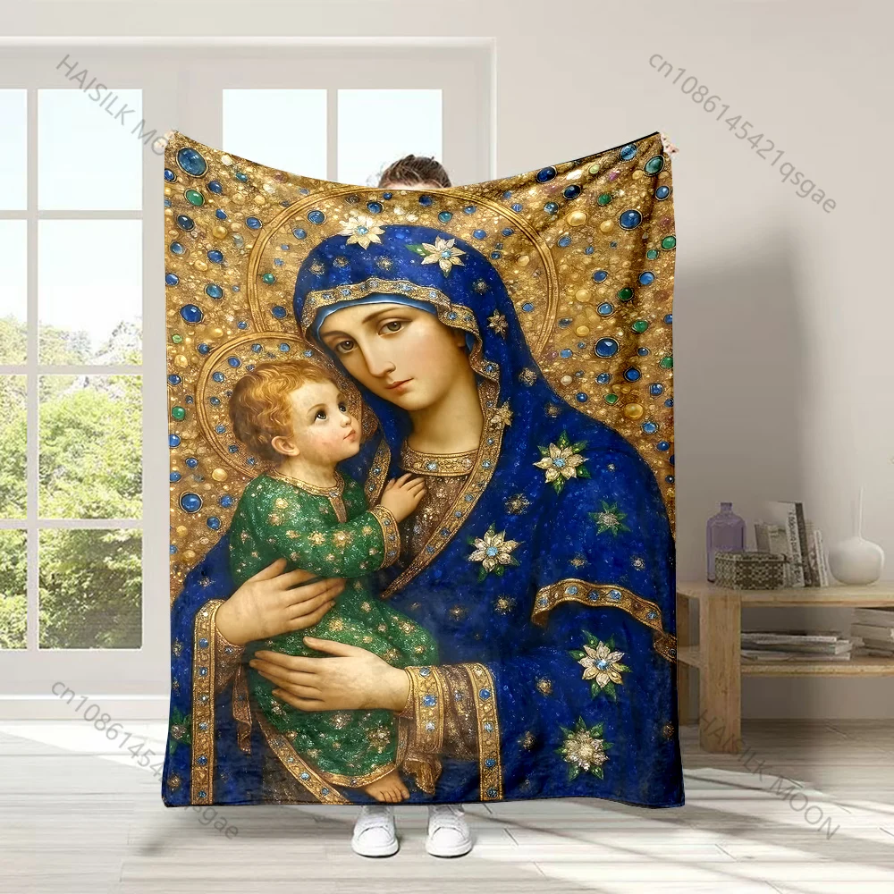 The Virgin Mary in blue robe Faith-printed Flannel Blanket Soft and Warm Suitable for Home Travel Picnics Camping and RV Use