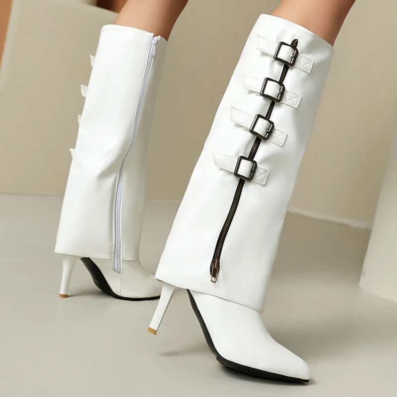 Women's Knee High Boots Sexy 2025 Turn-over Winter Shoes Black White Red Heels Long Boot Zipper Footwear Shoes Large Size 45 48