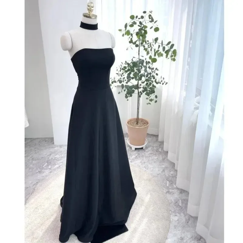 Классические черные вечерние платья Сексуальные атласные свадебные платья без бретелек Элегантное простое свадебное платье трапециевидной формы длиной до пола