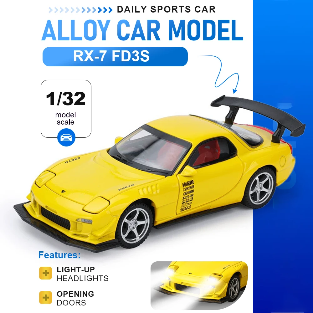 1:32 RX-7 FD3S Car Model Toy Front Wheel Steer Sound Light Cars Pull Back Shock Absorption Vehicle Educational Gifts for Child