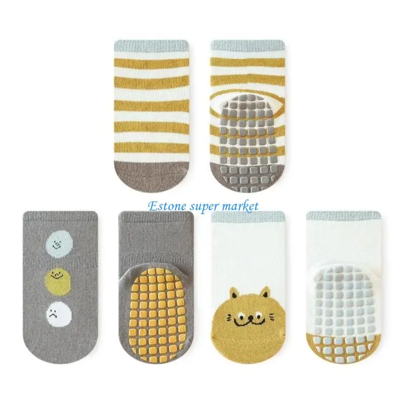 090B Set 3 paia calzini antiscivolo per bambini Calzini da pavimento morbidi e caldi Calzini traspiranti