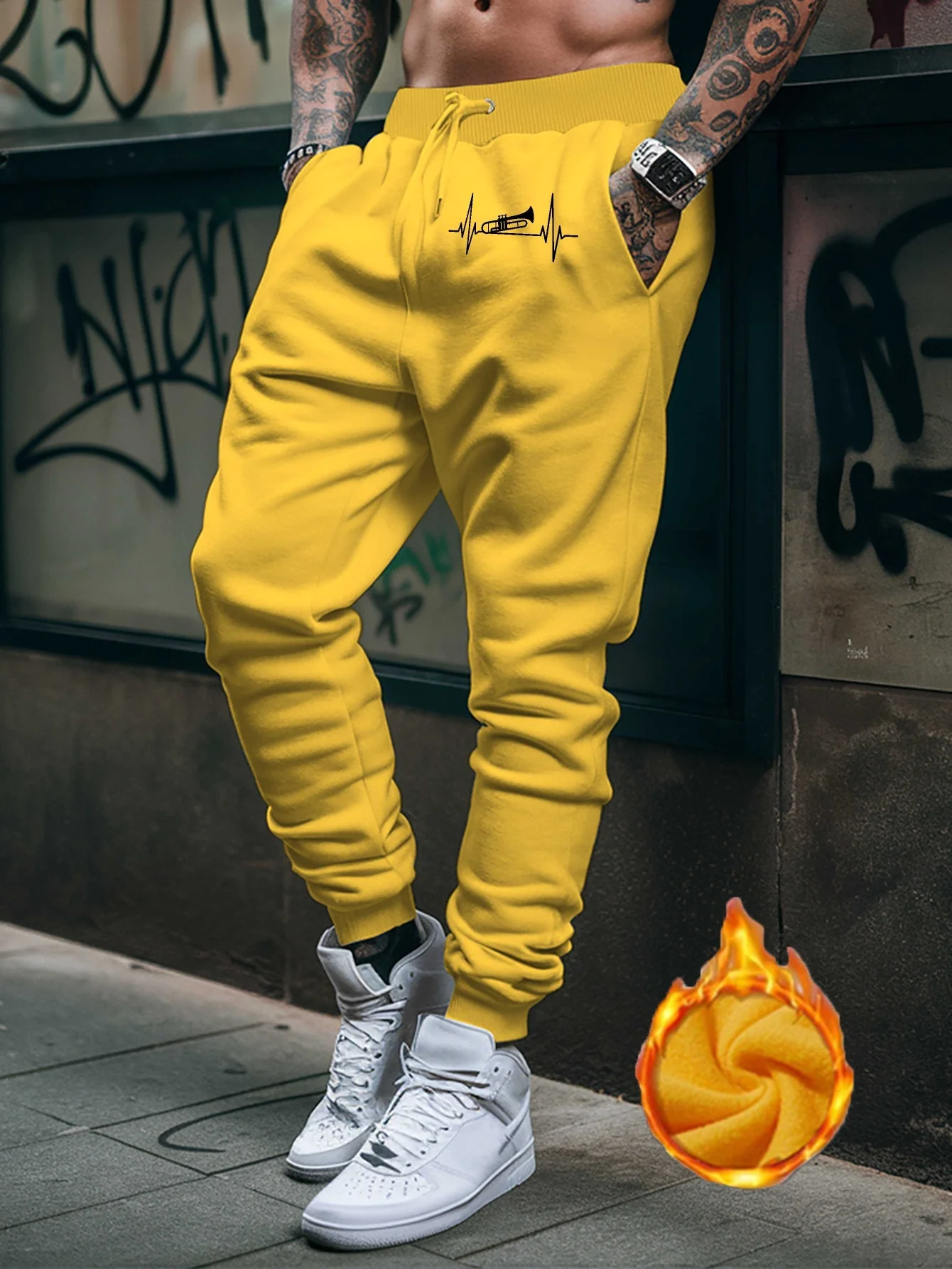 Music‑beat Heartbeat Trumpet Minimal Graphic Print Stylish Tapered Sweatpants Men Hip Hop Sports Jogger Trousers Fit Wear Gear