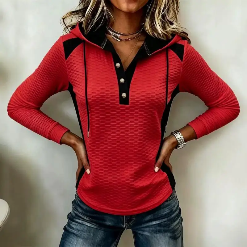 Women Color Block Hooded Tops Long Sleeve Textured Drawstring Half Button Casual Blouse
