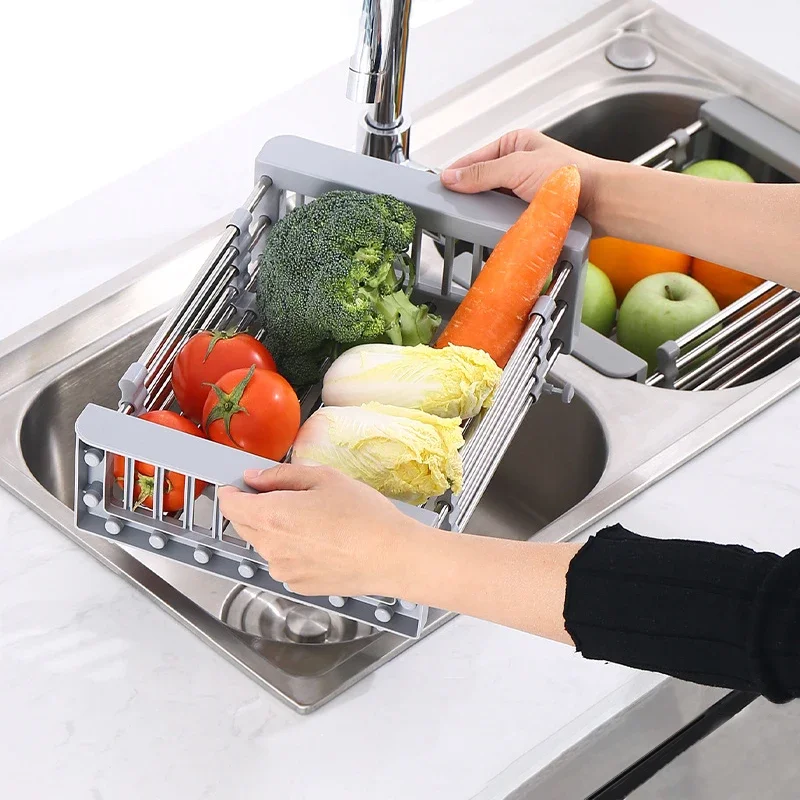 Kitchen Sink Drain Rack Dish Drain Rack Scalable Stainless Steel Drain Basket Folding Drainage Rack Kitchen Washing Dishes