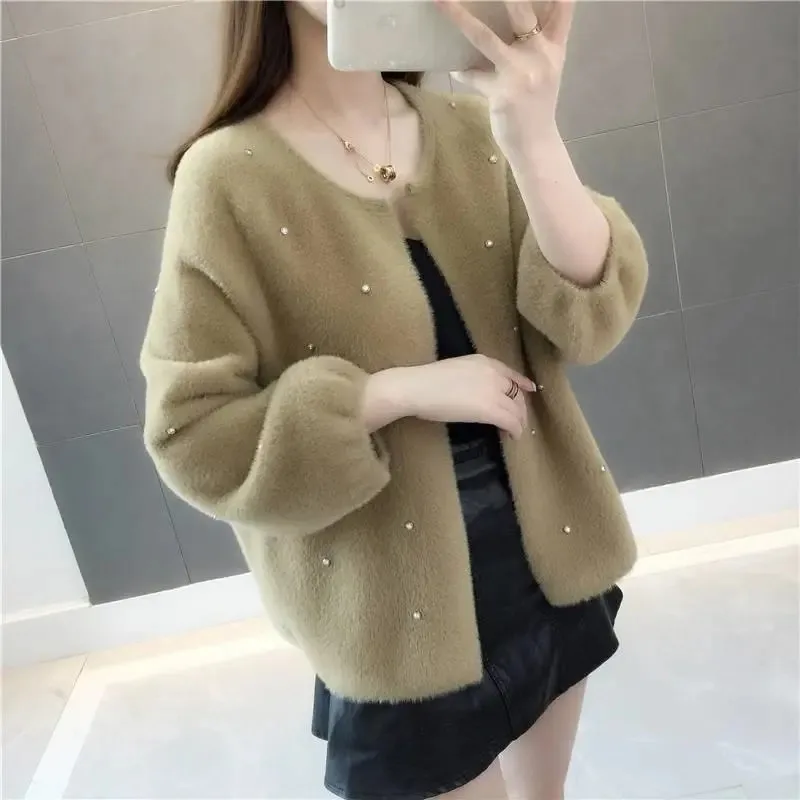 Knitting Shirt Female Cardigan Imitation Mink Fleece Women\'s Sweater New Spring Autumn Coat Korean Version Loose Wild   Jacket