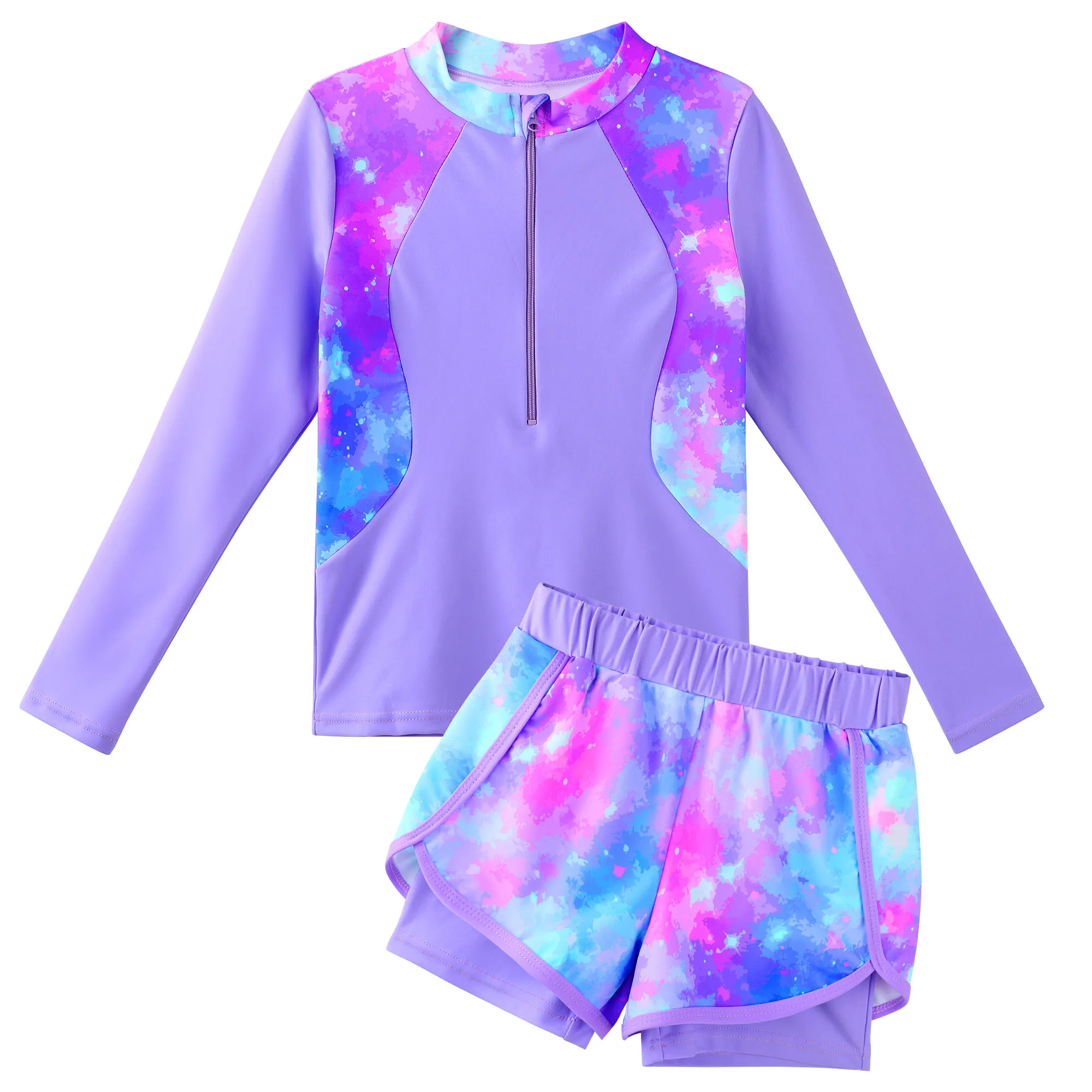 BAOHULU Girls' Long Sleeve Swimsuit with UV 50+ Sun Protection Tankini Set with Zipper Kids Surfing Suit Bathing Suit