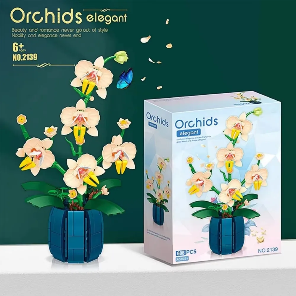 Blocchi di costruzione romantici del bouquet di fiori di orchidea: mattoni modello di pianta in stile bonsai per la decorazione domestica fai da te, giocattolo e regalo ideali per bambini