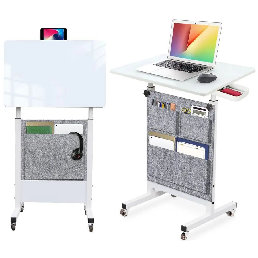 

Adjustable Height Standing Desk, Writable Tempered Glass Desktop with Eraser, 360 Flip, Wheels and Bag Ideal for Small Spaces an