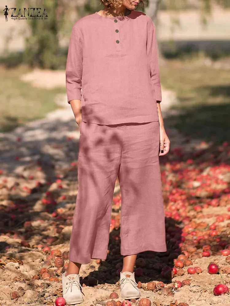 2025 ZANZEA الخريف بانت مجموعات النساء قطعتين مجموعات عادية كم طويل بلوزة واسعة الساق بنطلون دعوى الصلبة وتتسابق فضفاض رياضية