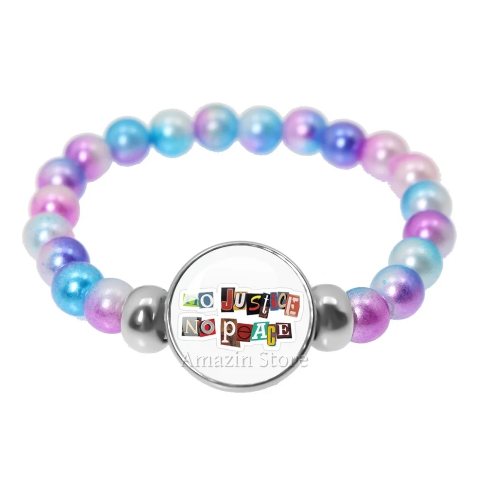 Offre Spéciale – Bracelet en verre fait main avec slogan « No Justice No Peace », perles noires et colorées de 18 mm, avec dôme en verre – Cadeau JD033