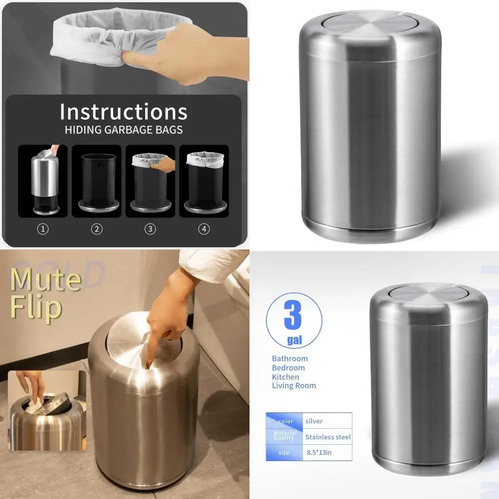 

3 Gallon Swing Lid Trash Can - Brushed Stainless Steel Cylinder Wastebasket for Home & Office (Silver)