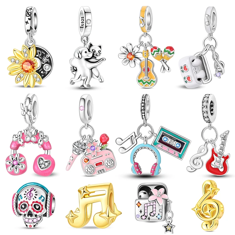 Retro Rock 925 Sterling Silver Charms CZ Zircon Cassette Tape Guitar Headphone Bead Fit Bracelet Handmade Jewelry Gift For Women