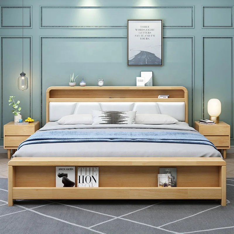 High Quality Nordic Double Solid Wood King Frame Adult Bedroom Furniture Bed Set with Storage