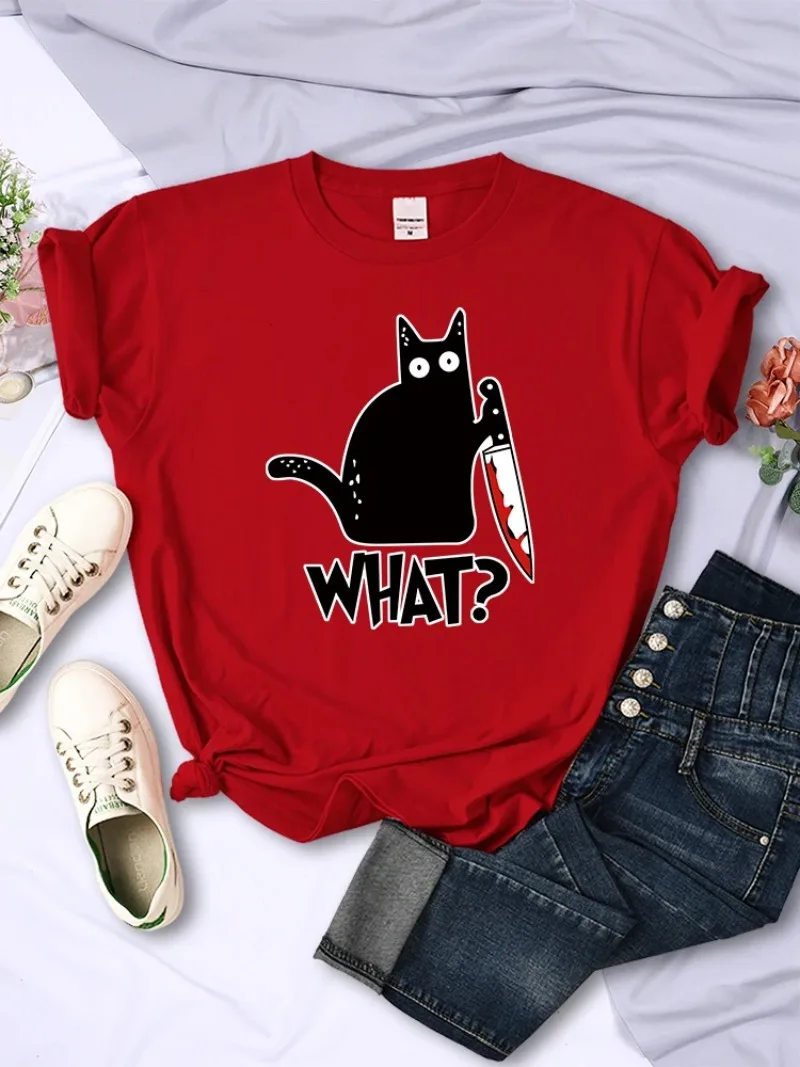 Fashion Breathable T-Shirts Summer Cool Tee Clothes Street Hip Hop Tops Kitchen Knife Black Cat Wha? Print Female Short Sleeve