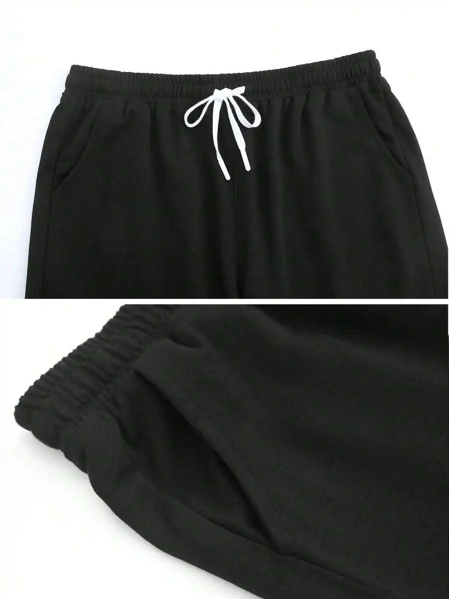 

Casual Solid Black Knit Shorts With Drawstring Waist Loose Fit Knee Length Bermuda Shorts With Pockets