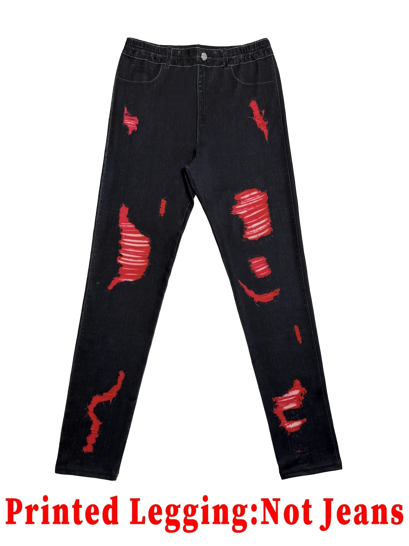Bedruckte Leggings – kein Denim-Stoff, durchgehend mit einem Denim-Muster bedruckte lange Hosen mit einer aufgesetzten Tasche und Knopfdetails. Neu eingetroffen – Detail 4