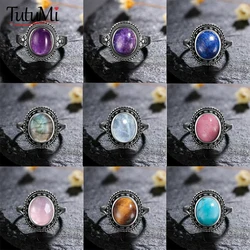 925 Sterling Silver Natural 8*10MM Lapis Lazuli Ring Jewelry for Women Gift Flower Shaped Ring