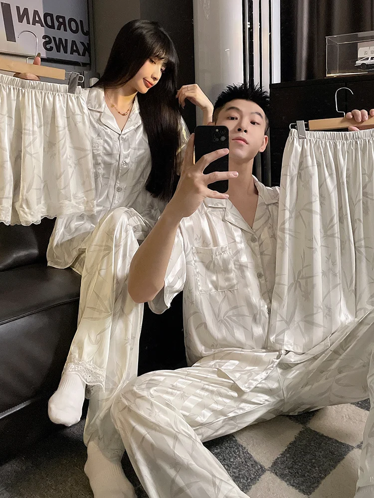 DAIMELU couple pajamas women summer short sleeves ice silk men's thin beautiful super fire loungewear set sleepwear suit nighty