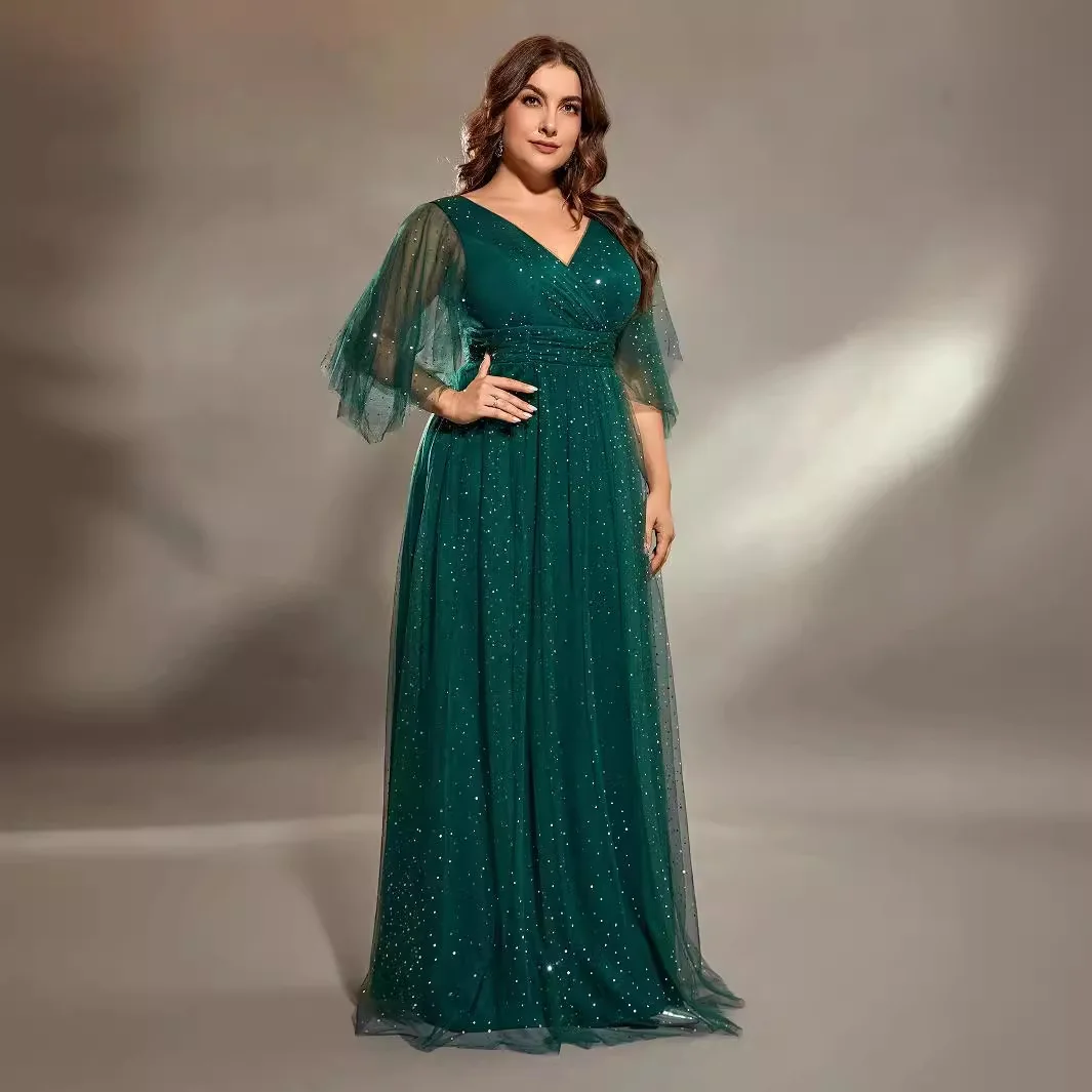 Plus Size Long Evening Dress for Party and Banquet Elegant Choir Performance Dress for Women V-neck Short Sleeve Evening Gown