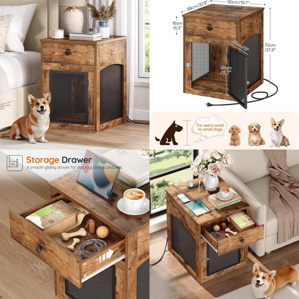 

Indoor Wooden Dog Crate with Drawer and Charging Station, Decorative Puppy House for Home