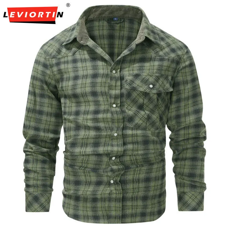 Spring and Autumn Men's Fashion Versatile Shirt American Retro Foreign Trade Pearl Buckle Western Style Long Sleeve Shirt