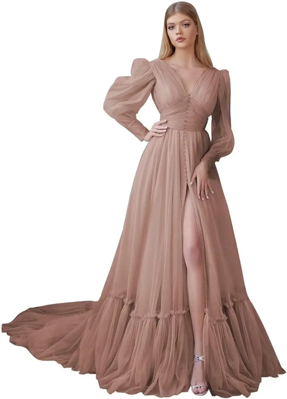 Elegante tule galajurk met V-hals, gezwollen mouwen, lange baljurk met split voor dames, formele avondjurk