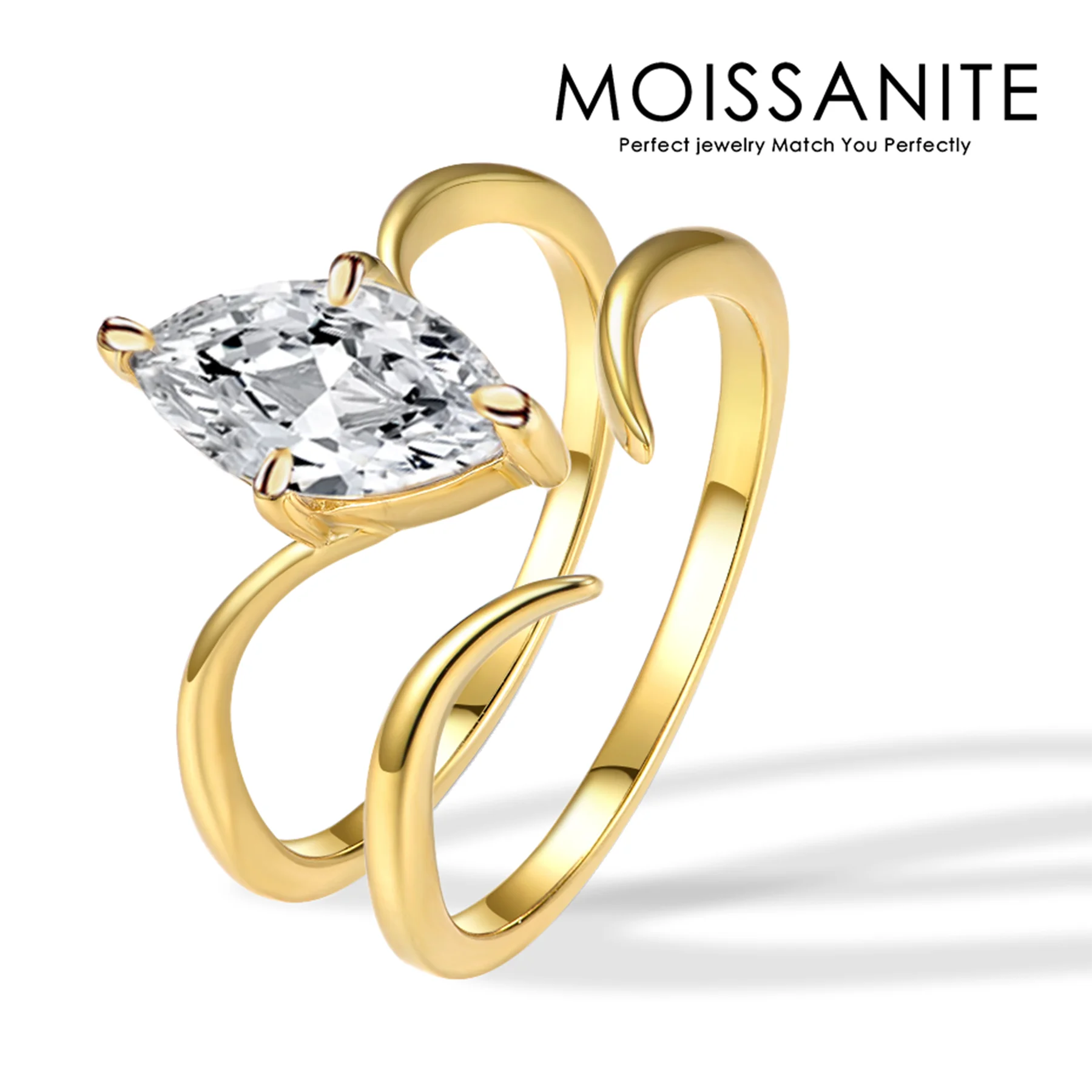 

2 pcs 1-3 Carat Moissanite Marquise Bypass Duo Ring Set - Elegance and Modern Style in 18K Gold Plated S925 Sterling Silver