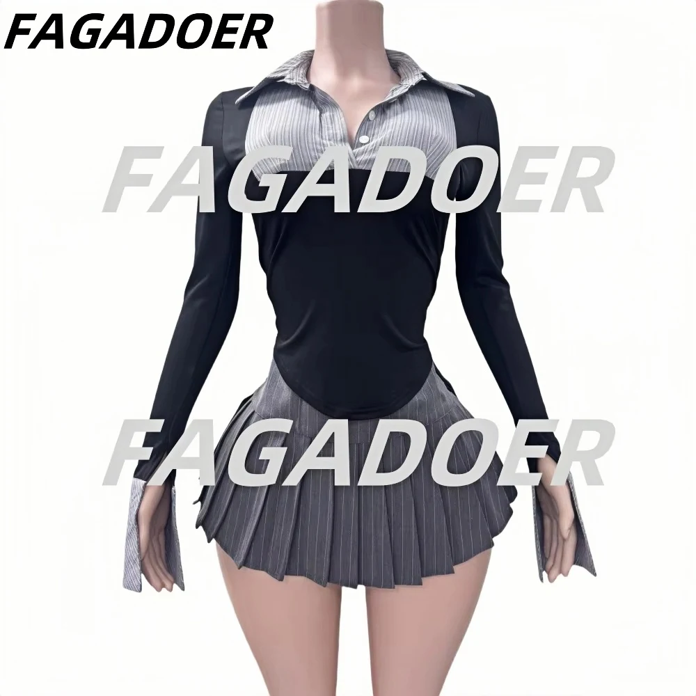 Fagadoer moda conjunto de duas peças para mulheres estilo preppy polo-pescoço botão listra impressão retalhos camisas e saias plissadas ternos