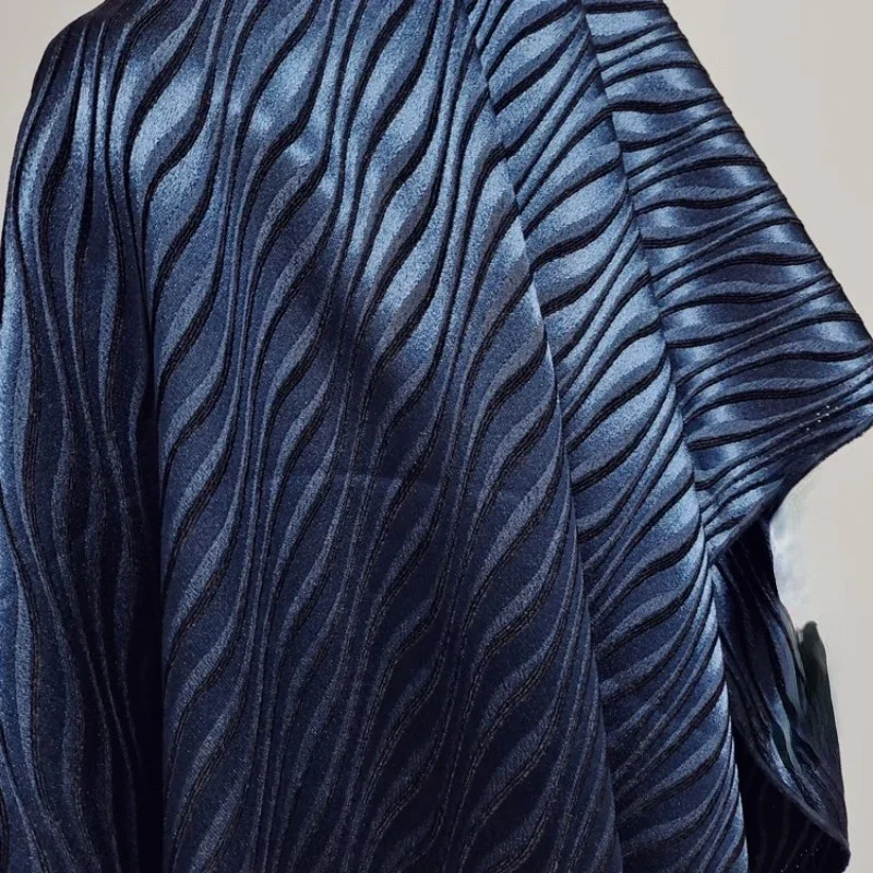 Jacquard Fabric Deep Blue Wavy Texture Draped Glossy Fashion Cloth Apparel Sewing Fabric By Meters Pure Polyester Material