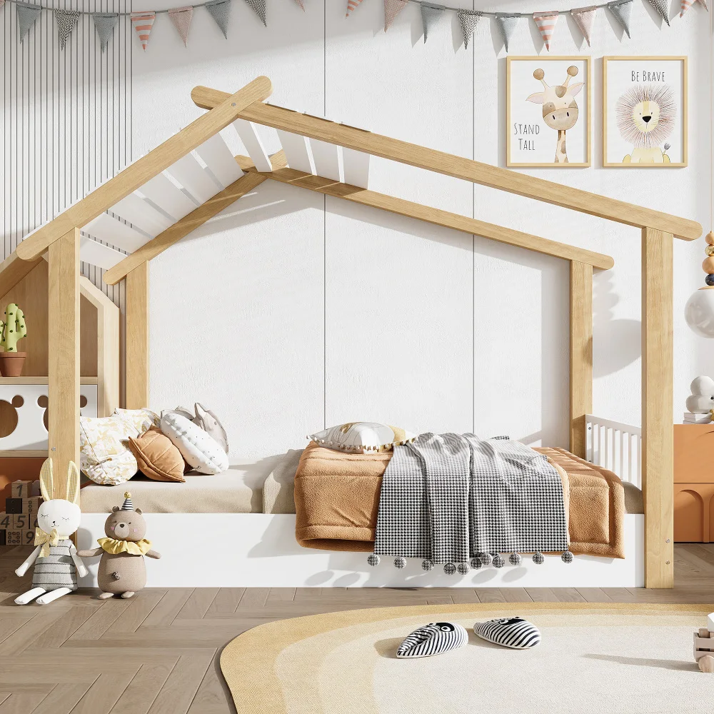 PINGGO Weißes Naturholz-Einzelbett 90x200cm Hausdesign Lattenrost Kiefer+Spanplatte+MDF Ohne Matratze – Detail 5