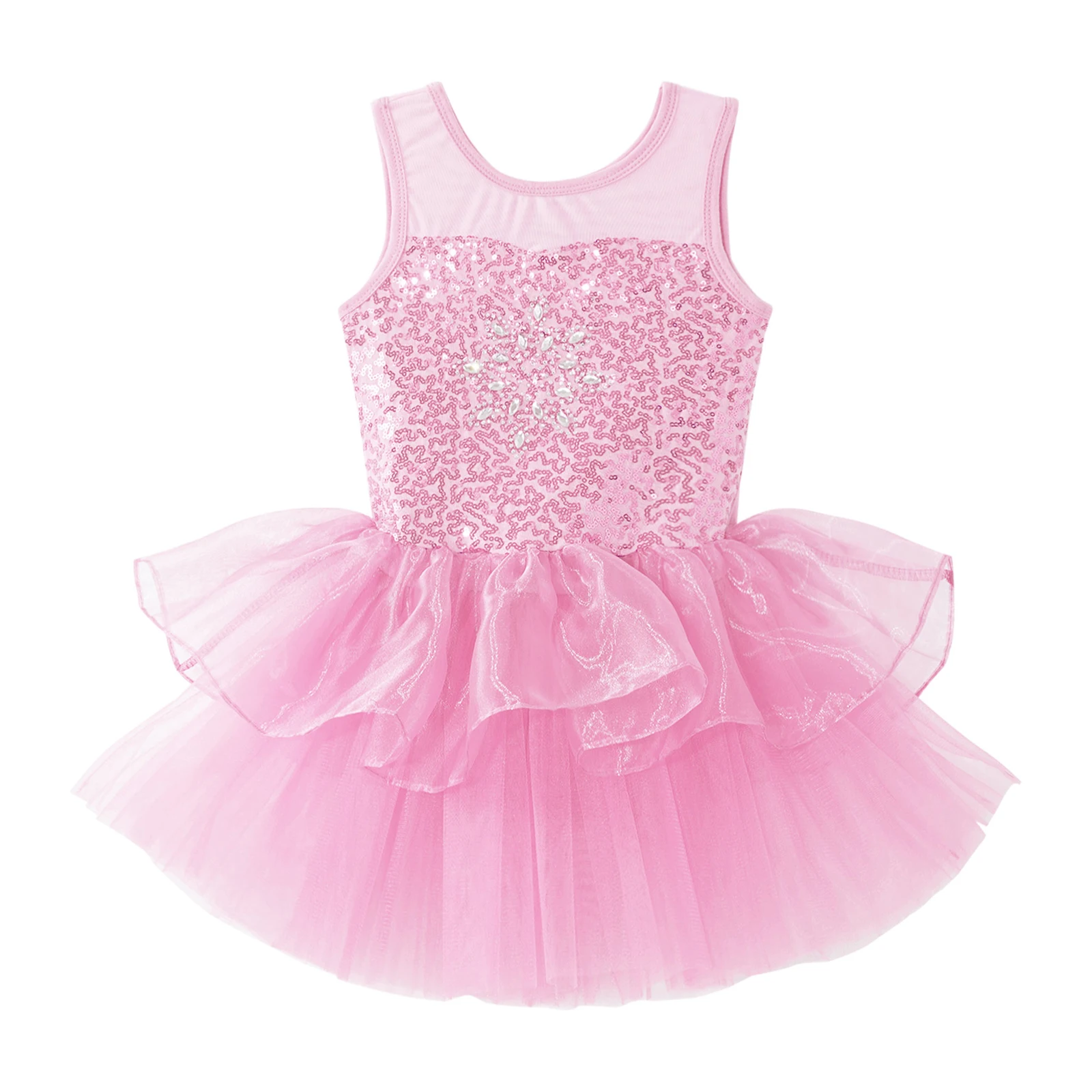 Kids Girls Sequins Ballet Tutu Dress Sleeveless Sheer Mesh Tulle Skirted Gymnastics Leotard Figure Skating Dancewear Costume