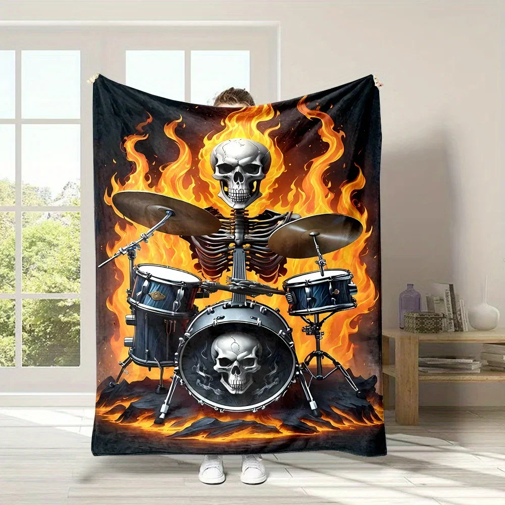 Skeleton Drummer Band Rock Concert Art Throw Blanket Halloween Music Lover Gift Decor