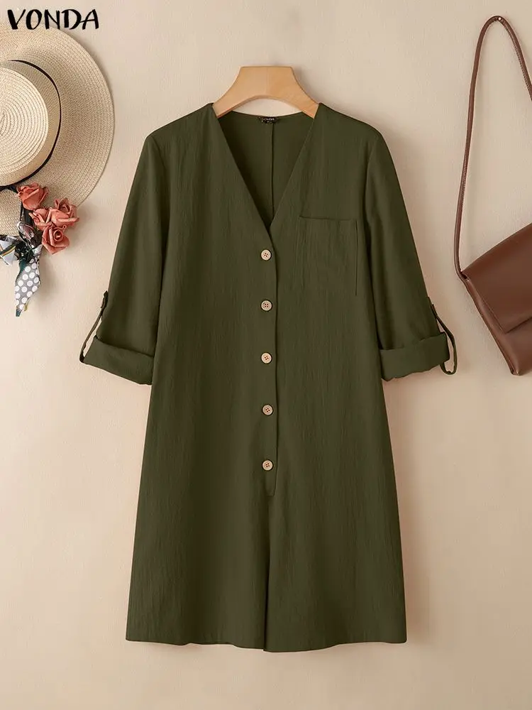 2025 VONDA femmes automne 100% coton mode combishorts à manches longues col en v combinaisons courtes poches solides élégant bureau salopette