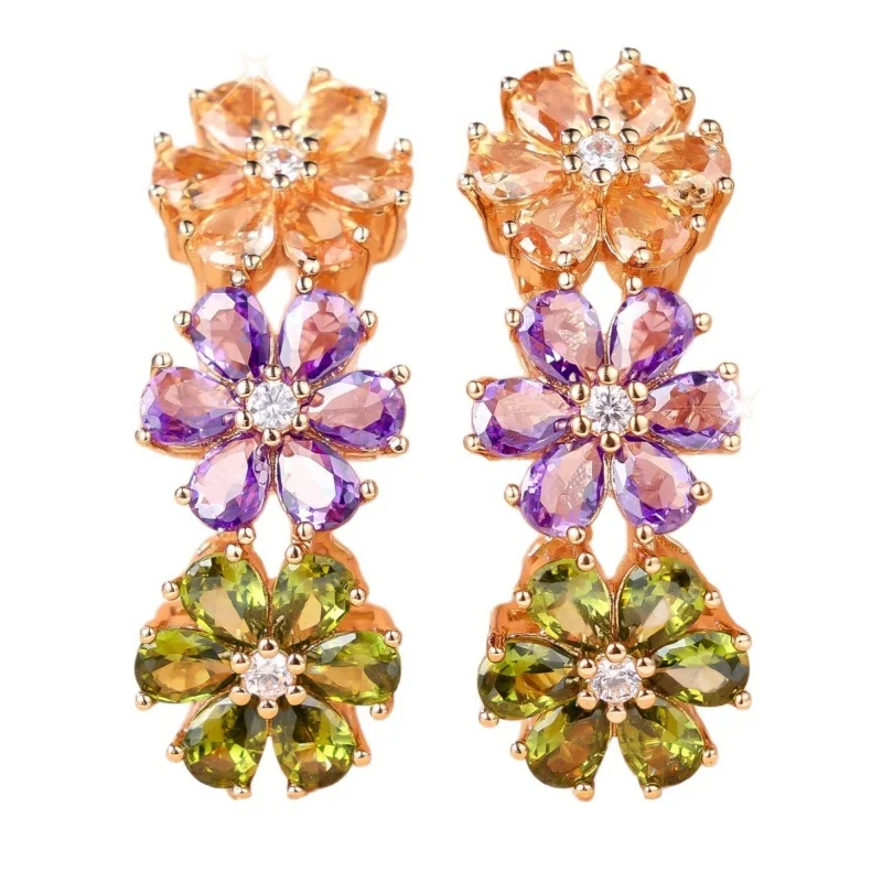 European and American Gradient Colored Zircon Flower Earrings with A Niche and Elegant Temperament, Trendy Flower Accessories